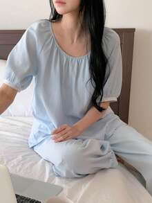 DAZY Bộ đồ ngủ nữ dáng rộng, tay bồng nhẹ nhàng, thoáng mát, thích hợp cho mùa hè. - Màu xanh lam - Xem 3