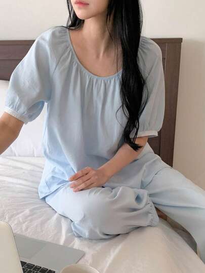 DAZY 女士清爽甜美花瓣袖宽松睡衣套装，夏季