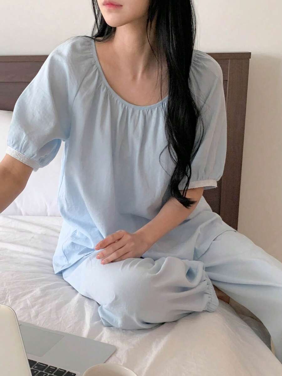 DAZY Bộ đồ ngủ nữ dáng rộng, tay bồng nhẹ nhàng, thoáng mát, thích hợp cho mùa hè. - Màu xanh lam - Xem 1