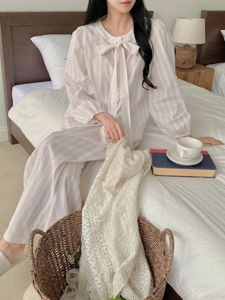 2pcs Elegant Tie Bow Collar Striped Women Pajama Set, Autumn