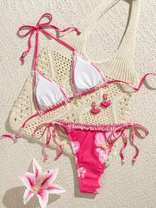 Swim Mod 女士新款格纹荷叶边V领露背三角系带比基尼泳衣两件套，春夏女士比基尼套装，女士比基尼套装，女士泳装两件套，女士沙滩装，女士夏季套装，粉色碎花比基尼女士泳装套装 - 彩色 - 查看 3