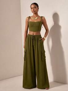 Zivah 2pcs Set: Linen Camisole Top And Wide Leg Cargo Pants In Olive Green, Spring/Summer 2026 - Army Green - View 12