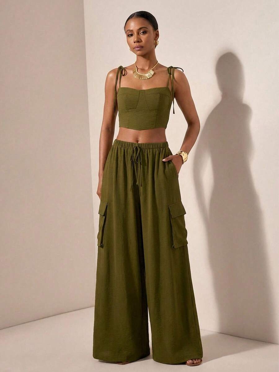 Zivah 2pcs Set: Linen Camisole Top And Wide Leg Cargo Pants In Olive Green, Spring/Summer 2026