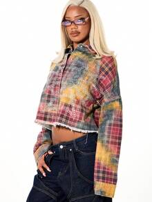 SUMWON WOMEN Women's Oversized Acid Wash Check Rhinestone Cropped Boxy Denim Jacket Fall Winter Button Up Distressed Raw Hem Vintage Style Trucker Jacket - Red - View 4