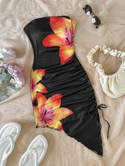 SHEIN Tween Girl Casual Vacation Black Tropical Floral Print Dress, Minimalist Comfortable Elegant Bohemian Tropical Knot Mini Dress, Suitable For Music Festivals, Beach, Vacation