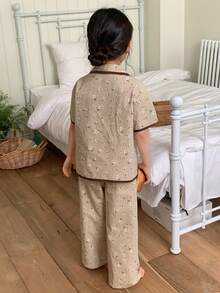 Dazy Kids Ropa de estar en casa para niñas jóvenes con estampado floral y cuello de contraste de color, para otoño y verano - Caqui - Ver 6