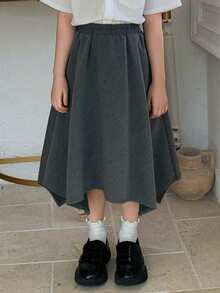DAZY Young Girls Woven Plaid Asymmetric Skirt, Young Girl Fall Clothes - Dark Grey - View 3