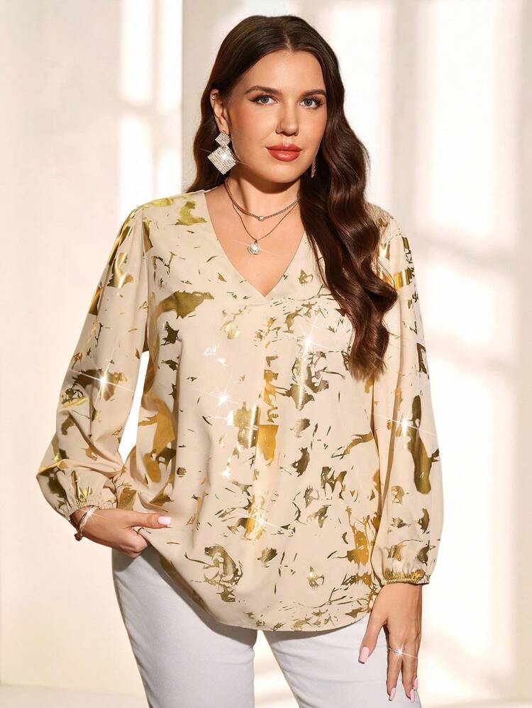 Plus Size Women Fall/Winter Elegant Party V-Neck Gold Foil Print Long Sleeve Gold Blouse, V Neck Blouse, Lantern Sleeve Blouse, Going Out, 2025 New Simple And Fashionable For Everyday Wear, Winter , Christmas For Women ,New Year ,Date Night Women