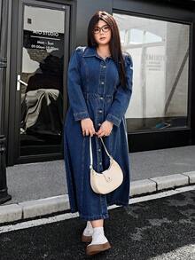 SHEIN ICON Plus Size Denim Sundress, Fashionable Suitable For Summer Fall Cloth For Women - Medium Wash - View 3