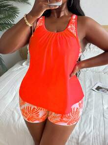 Swim Lushoire Bộ đồ bơi cỡ lớn dành cho nữ, gồm áo tankini xếp ly và quần short, thích hợp cho kỳ nghỉ biển. - Màu Cam cháy - Xem 3