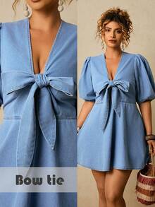 Travachic Plus Size Women V-Neck Bowknot Decor Casual Date Party Denim Dress - Light Wash - View 3