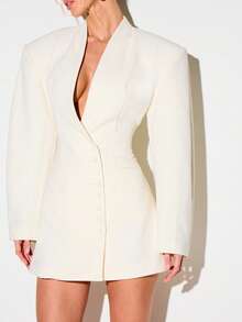 KIZN Women's Cream Balloon Sleeve Mini Blazer Dress With Deep V-Neck And Button Details For Evening Party Fall Winter - White - View 5