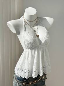 Elamini Sweet Summer Sleeveless Top With Deep V-Neck, Hollow-Out Embroidery, Tie-Up Neck And Ruffle Hem - White - View 3