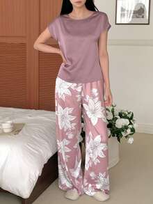 DAZY Bộ đồ ngủ gồm áo satin không tay và quần họa tiết hoa dành cho nữ, thích hợp cho mùa hè. - Bụi tím - Xem 7
