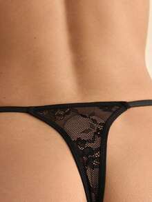 Charlaine Black Lace Patchwork, Rhinestone, Shiny, Sheer, Romantic French, Elegant & Refined Women's Thong Panty - Black - View 2