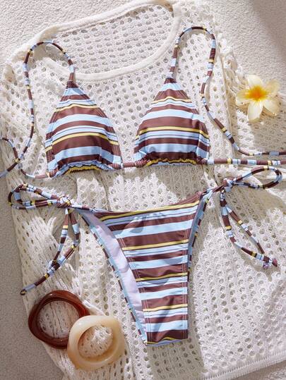 Swim Mod Conjunto de bikini de 2 piezas con estampado de rayas multicolor, con escote halter y espalda descubierta, sexy, para mujer, Primavera/Verano 2026