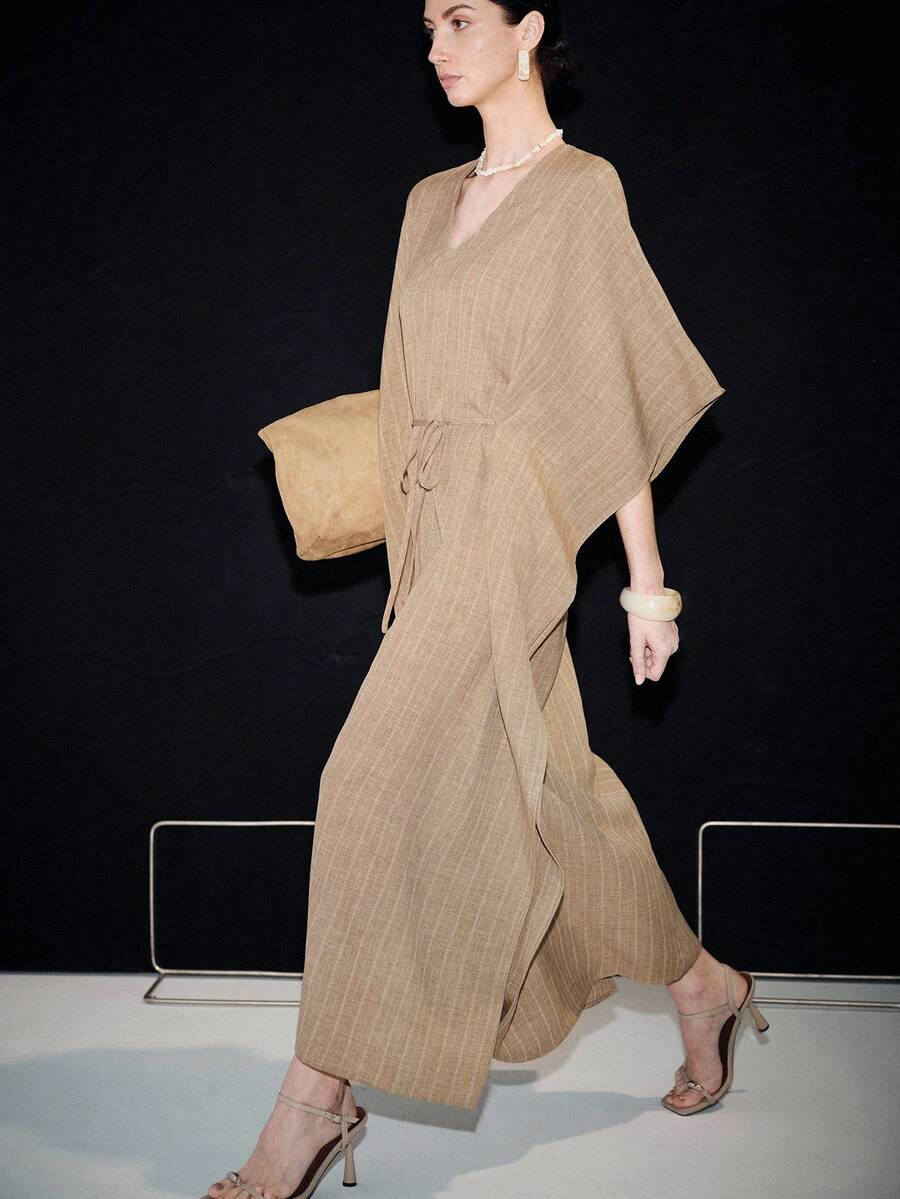 Lumivelle Women's Spring/Summer Fashion Long Dress, High-End Unique Linen Cotton Striped V-Neck Dress - Khaki - View 1