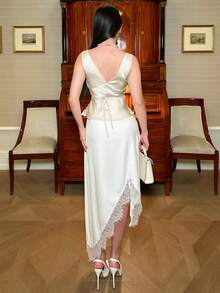 hhfernanda 女士优雅刺绣撞色蕾丝不对称半身裙，春夏款 - 杏色 - 查看 2