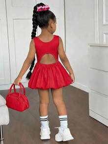 SHEIN 小女孩可爱夏季粉色针织拼接镂空无袖连衣裙，母女装（2套单独出售） - 紅色 - 查看 1