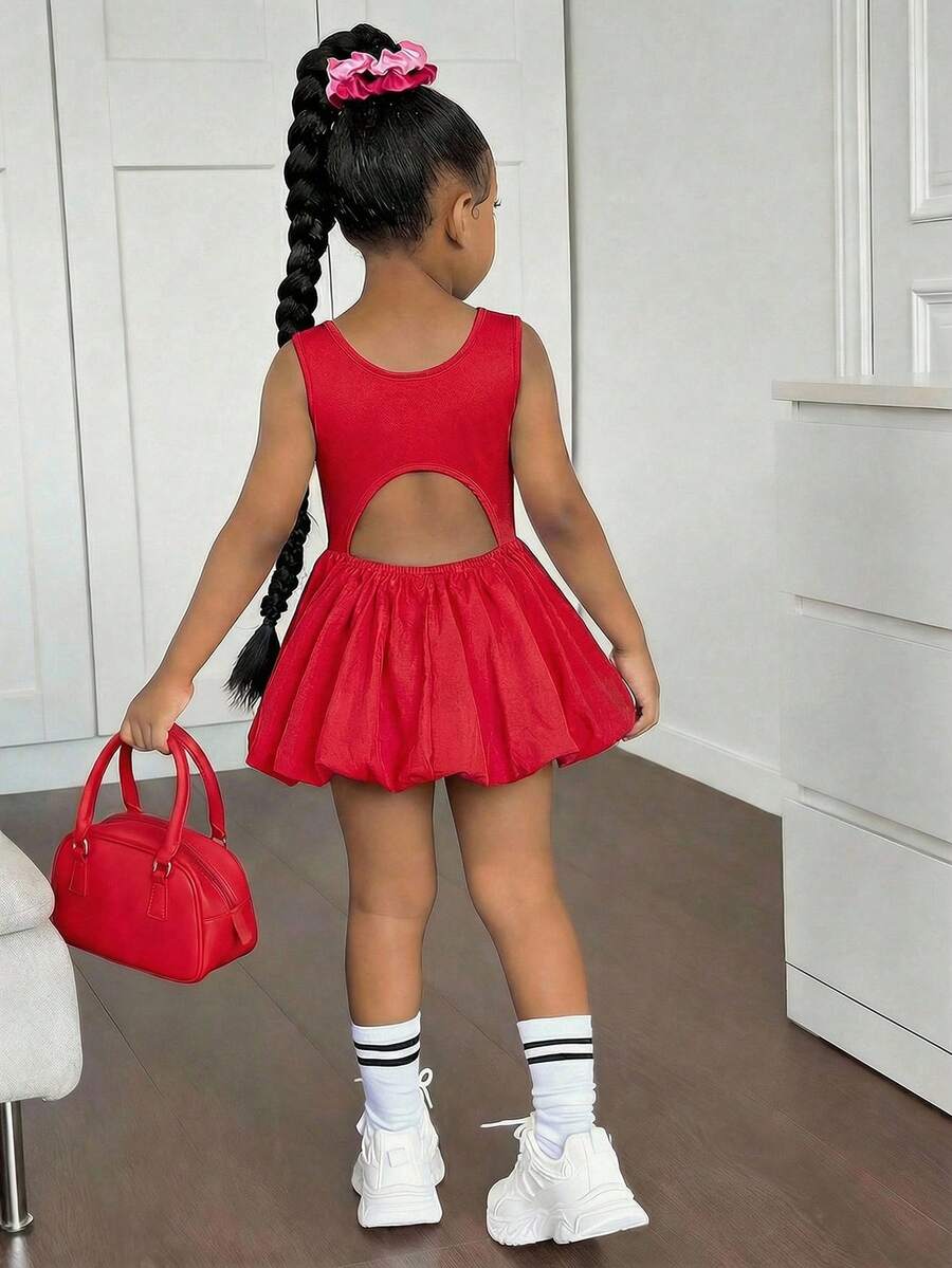 SHEIN 小女孩可爱夏季粉色针织拼接镂空无袖连衣裙，母女装（2套单独出售） - 紅色 - 查看 1