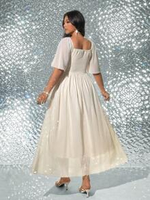 Viva Relle 大码女式提花杏色优雅度假连衣裙，春夏款 - 杏色 - 查看 3