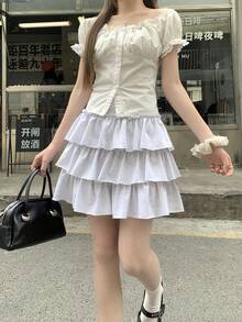 DAZY 女款休閒百褶韓風校園風裙 - 灰色 - 查看 3