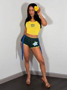 Slaydiva 早春新款，春夏音乐节，情人节，复活节休闲简约基础款Y2K街头甜美畅销款，日常约会，辣妹风，性感运动风，休闲度假圆领无袖LA英式羊毛上衣，黄色背心+超短裤，迷你裤，流苏装饰，星形钩针图案，深绿色短裤，女士毛衣套装 -A - 彩色 - 查看 11