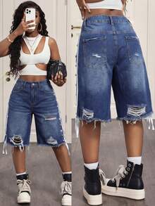 Slaydiva Women's Summer Casual Washed Distressed Denim Shorts With Beaded Decor - Blue - View 1