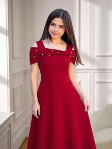 Đầm dài dáng chữ A ôm eo, đính nơ và hạt cườm cho thiếu nữ, màu đỏ tía. - Màu Đỏ Sâu - Xem 9