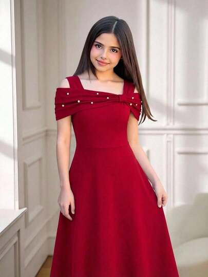 Teen GirlBeaded Bow Decor A-Line Waist Cinched Long Fitted Dress, Burgundy Elegant  Wedding Outfits