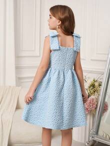 Pitira Mädchen Jacquard Blumen-Ärmelloses Kleid mit abnehmbarer Schleife, geeignet für Blumenmädchen, Hochzeitssaison, Valentinstag, Party, Geburtstag, Chinesisches Neujahrsfest und andere Anlässe - Blau - Übersicht 2