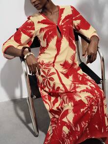 Aveloria Modichic Minimalist Casual Chic Coconut Tree Print Splice Drawstring Waist Flare Sleeve Dress For Women - Multicolor - View 3