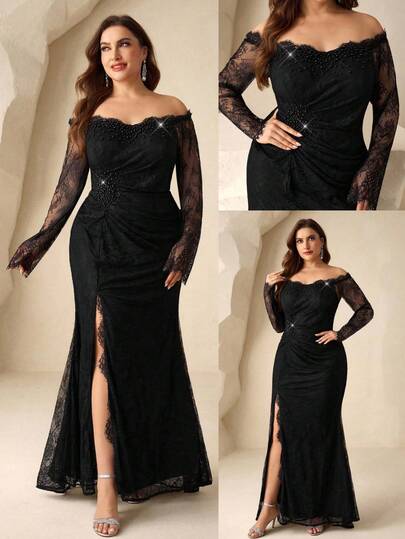 Coutiva Plus Size Women's Off-Shoulder Long Sleeve Lace High-End Cocktail Party Dress, Beaded Elegant Luxury Dress Elegant Sequin Embellished Long Sleeve Dress, High-End Formal Gown For Banquet Women's Formal Evening Dress Gown (Heavy Embroidery) Women Rhinestone Embellished Sheer Black Long Evening Gown, Wedding Guest Dress, Elegant Evening Dress, Prom Dress, For Wedding Dress Waist And Chest Slimming, Party Dress, Formal Dress Black Formal Dress Curve Black Dress With Slit Off Shoulder Formal Dress Long Sleeve Formal Dress Black Formal Evening Gown