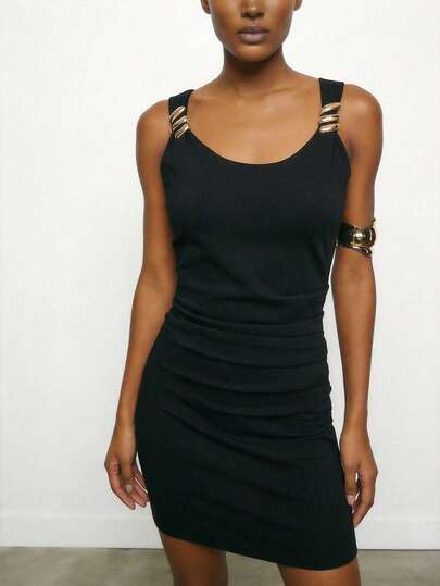 Maija Women's Solid Color Metal Decor Elegant Waist Cinched Party Mini Dress