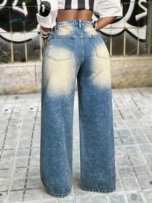 Slaydiva Women's Casual Washed Denim Wide Leg Jeans - Blue - View 2