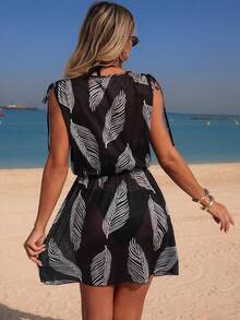 Swim Lushoire Women's Spring/Summer Beach Dress, V-Neck Drawstring Waist Sleeveless Printed Mesh Leaf Cover-Up Dress - Black - View 2