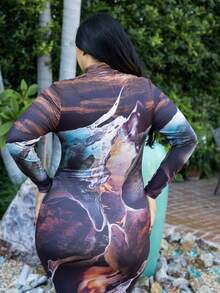 Truni Casual Minimalist All-Over Print Plus Size Crew Neck Long Sleeve Fitted Dress Fall Chic Dress, For Pear Triangle Body Shape - Multicolor - View 5