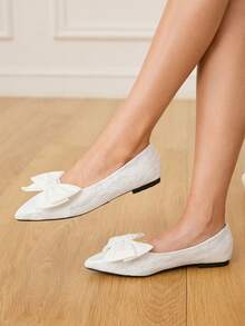 CUCCOO HITCHD 女士平底尖头花卉网纱蝴蝶结套脚休闲舒适乐福鞋 - 白色 - 查看 4