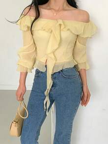 DAZY Women's Solid Color Ruffle Off Shoulder Long Sleeve Fashionable Blouse - Yellow - View 3
