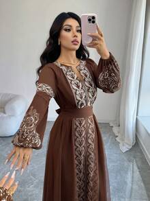 Elenzga 女士新款秋冬圣诞节万圣节感恩节新年优雅派对连衣裙，精致外出装扮，网纱拼接泡泡袖，佩里斯印花腰带V领，白色花卉印花婚礼宾客毕业礼服 - 咖啡棕 - 查看 7