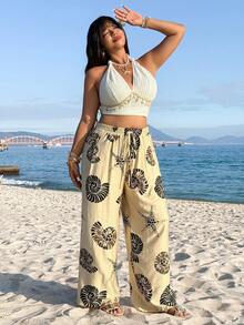 GalTyme 春夏新款休闲日常穿搭，适合派对、音乐节、返校、毕业典礼、度假、街头风、城市漫步等场合，可调节抽绳腰带，奶油焦糖色，饰有大号海星和贝壳印花，舒适宽松版型，大码裤装 - 彩色 - 查看 5