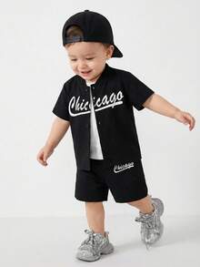 SHEIN Playful Pals Baby Boy Letter Graphic Shirt & Shorts With Tee Set - Black and White - View 8