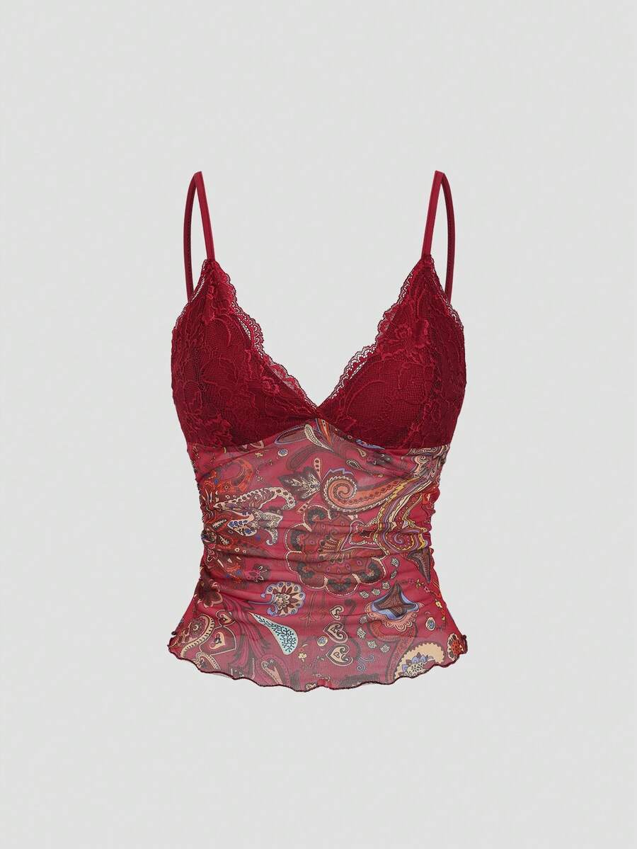 Sweetra Y2K性感蕾丝拼接波普艺术风格度假吊带衫 - 彩色 - 查看 1