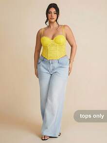 SHEIN BAE Plus Size Lace See-Through Camisole Top, Party, Date, Casual, Commute, Cute Bralette, Club Corset Strapless Summer For Women, - Yellow - View 3
