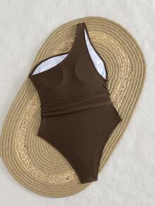 Swim Chiccia Women's Brown Pool Party One Shoulder Metal Accessories Belt Slimming Elegant Fashion One-Piece Swimsuit For Beach Music Festival - Brown - View 2