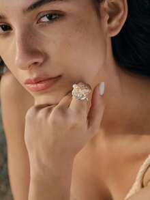 Opalesca Anillo exclusivo con concha irregular y perla con temática oceánica, premium/elegante/elegante/uso diario/minimalista, perla/cristal, verano/playa/baile de graduación/fiesta/vacaciones, compromiso/boda/promesa, novia, corazón/floral, Fairycore/Mermaidcore, chapado en oro de 18K - Plateado - Ver 3