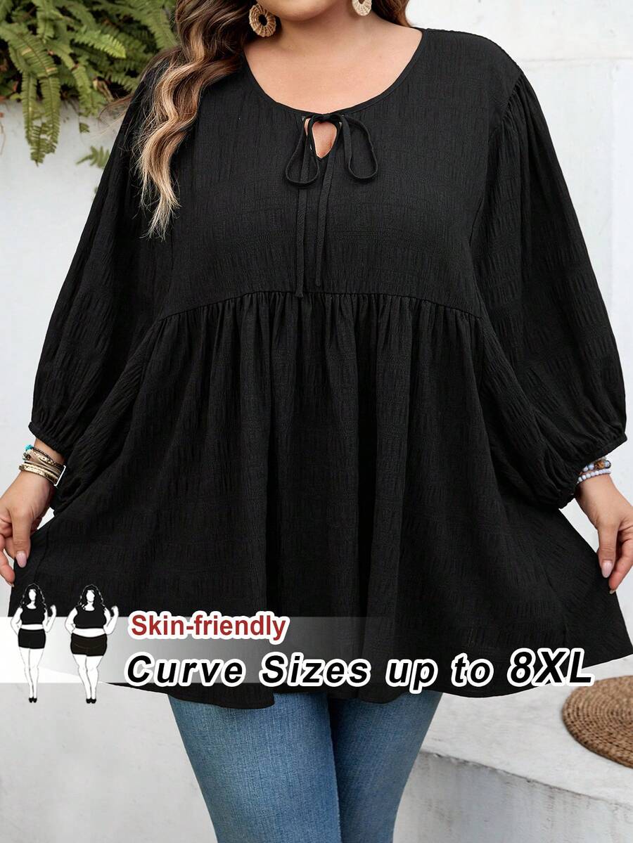 SHEIN CURVE+ Curve 尺码 US22 音乐节、海滨度假、波西米亚风女士纯色系带褶皱休闲百搭通勤灯笼袖衬衫 - 黑色 - 查看 1