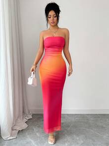 Rafferiza Women's Elegant Ruched Tie Dye Mesh Print Waist Cinched Strapless Party Split Dress - Pink - View 7