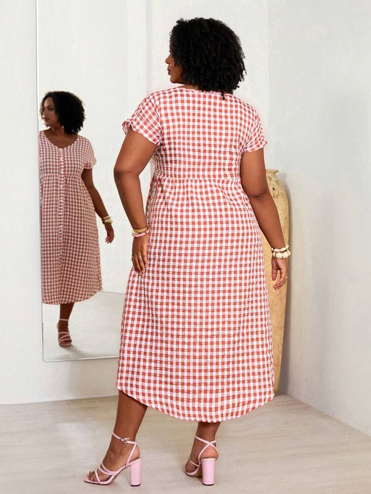 Plus Size Women's Boho V-Neck Short Sleeve Plaid Long Dress, Summer Vacation Wear,Gifts For Mother,Summer Holiday,Vacation Outfits Women,Simple And Fashionable For Everyday Wear,Vacay Vibes,Springbreak,Casual Wear SS,Bohemia,Summer Dresses For Women,Maxi Dress
