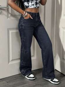 Slaydiva Summer Women's Party Casual Summer Vacation Outfits For Women Pocketed Rhinestone Star Casual Versatile Flare Leg Jeans - Blue - View 7